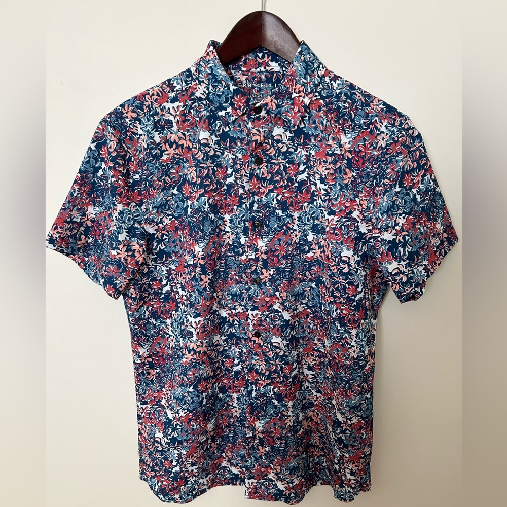 New Perry Ellis Floral Blue and Red Men's Shortsleeve Button Up Shirt